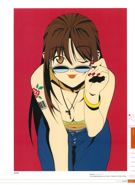 Anime picture 1171x1600 with zutto issho watanabe akio artworks (artbook) onodera sakurako watanabe akio single long hair tall image looking at viewer light erotic simple background brown hair brown eyes signed cleavage nail polish one eye closed scan tattoo leaning leaning forward