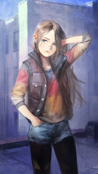 Anime picture 1090x1920 with original arata yokoyama single long hair tall image blue eyes brown hair standing looking away head tilt lips arm behind head hand in pocket girl pantyhose shorts building (buildings) jeans blue jeans