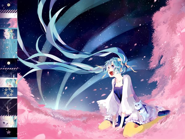 Anime picture 2515x1900 with vocaloid hatsune miku kotoma highres open mouth blue eyes twintails very long hair wind aqua hair cherry blossoms girl dress petals cat