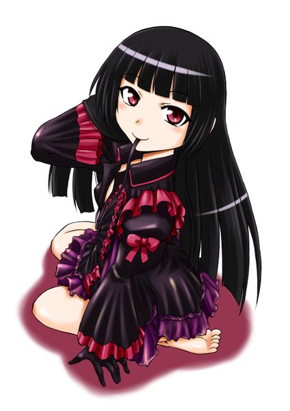 Anime picture 1000x1414 with gate - jieitai ka no chi nite kaku tatakaeri a-1 pictures rory mercury sao satoru single long hair tall image blush fringe black hair simple background red eyes white background sitting holding payot bent knee (knees) blunt bangs head tilt barefoot