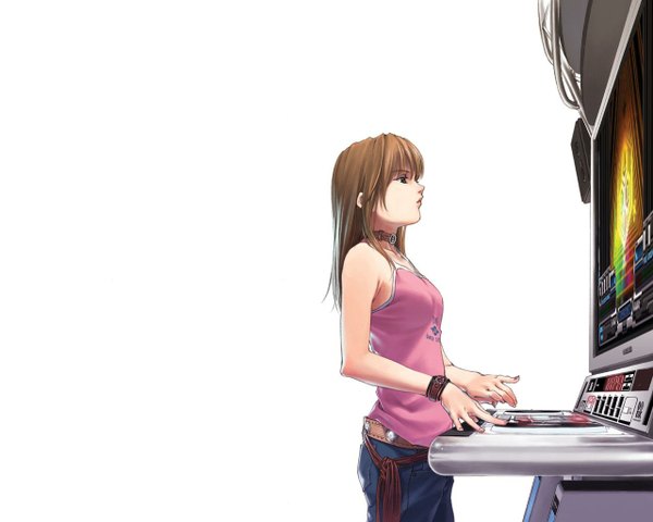 Anime picture 1280x1024 with beatmania single long hair breasts brown hair white background brown eyes profile sleeveless jpeg artifacts dj girl bracelet collar jeans blue jeans computer
