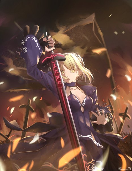 Anime picture 3150x4050 with fate (series) fate/stay night artoria pendragon (all) saber alter timo wei95 single tall image looking at viewer fringe highres short hair breasts open mouth blonde hair standing holding signed yellow eyes absurdres cleavage