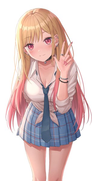 Anime picture 1200x2353 with sono bisque doll wa koi wo suru cloverworks kitagawa marin seungju lee single long hair tall image looking at viewer blush simple background blonde hair white background cleavage nail polish pleated skirt pink eyes fingernails leaning leaning forward piercing
