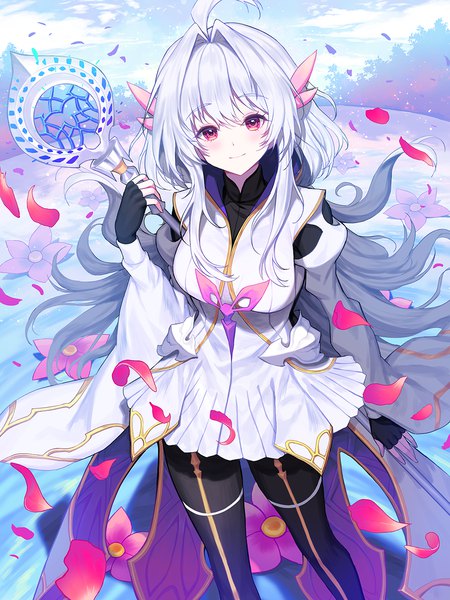 Anime picture 1000x1333 with fate (series) fate/grand order fate/prototype merlin (fate/prototype) kyundoo single long hair tall image looking at viewer blush fringe hair between eyes standing silver hair ahoge pink eyes from above girl gloves flower (flowers)