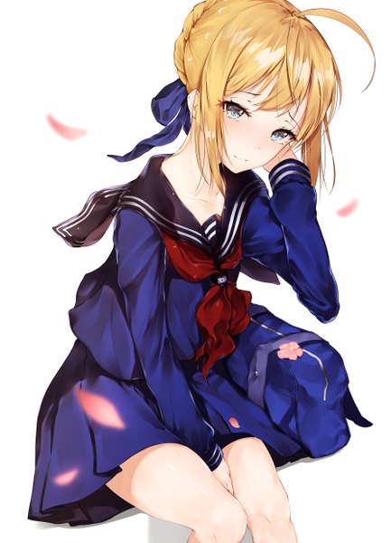 Anime picture 3579x4961 with fate (series) fate/stay night artoria pendragon (all) saber master artoria hplay (kyoshinou) single tall image looking at viewer fringe highres short hair blue eyes simple background blonde hair white background sitting payot absurdres ahoge