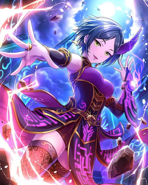 Anime picture 640x800 with idolmaster idolmaster cinderella girls hayami kanade single tall image looking at viewer blush short hair breasts open mouth black hair standing bare shoulders yellow eyes sky cloud (clouds) official art outstretched arm magic light