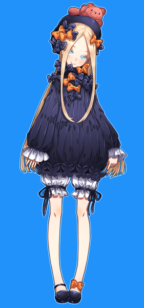 Anime picture 420x896 with fate (series) fate/grand order abigail williams (fate) toffy (15277493) single long hair tall image looking at viewer blush blue eyes simple background blonde hair smile standing full body head tilt blue background girl dress bow