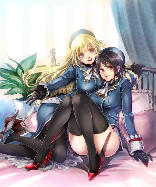 Anime picture 2500x3000 with kantai collection atago heavy cruiser takao heavy cruiser yuho long hair tall image looking at viewer blush highres short hair breasts open mouth blue eyes light erotic black hair blonde hair smile red eyes large breasts multiple girls