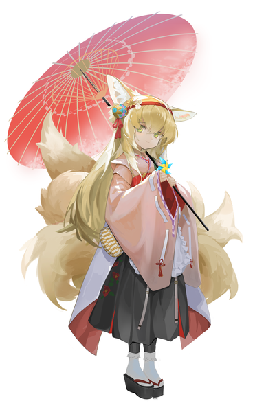 Anime picture 3721x6014 with arknights suzuran (arknights) suzuran (yukibare) (arknights) splitting0 single long hair tall image looking at viewer fringe highres simple background blonde hair hair between eyes standing white background green eyes animal ears absurdres full body tail