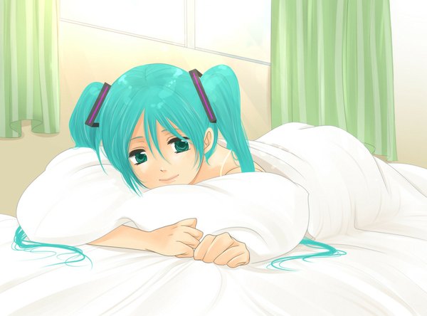 Anime picture 1000x741 with vocaloid hatsune miku tsuyuko long hair looking at viewer twintails green eyes lying aqua hair girl pillow