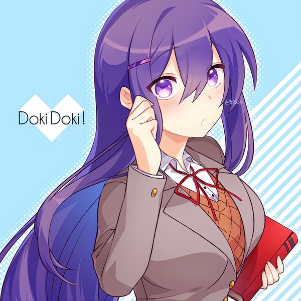 Anime-Bild 1500x1500 mit doki doki literature club yuri (doki doki literature club) nan (gokurou) single long hair looking at viewer blush fringe breasts simple background hair between eyes large breasts purple eyes holding signed payot purple hair upper body long sleeves parted lips