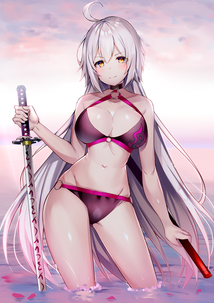 Anime picture 2000x2825 with fate (series) fate/grand order jeanne d'arc (fate) (all) jeanne d'arc alter (fate) jeanne d'arc alter (swimsuit berserker) (fate) aozora nan single long hair tall image looking at viewer blush fringe highres breasts light erotic hair between eyes large breasts standing holding yellow eyes