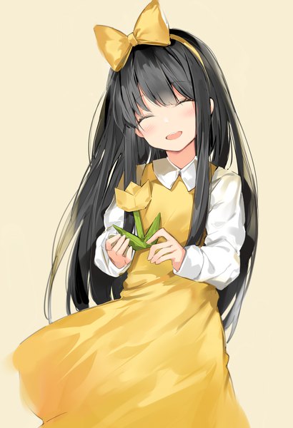 Anime picture 1300x1900 with devotion du meishin silver (chenwen) single long hair tall image blush fringe open mouth black hair simple background smile standing holding payot eyes closed long sleeves head tilt ^ ^ yellow background