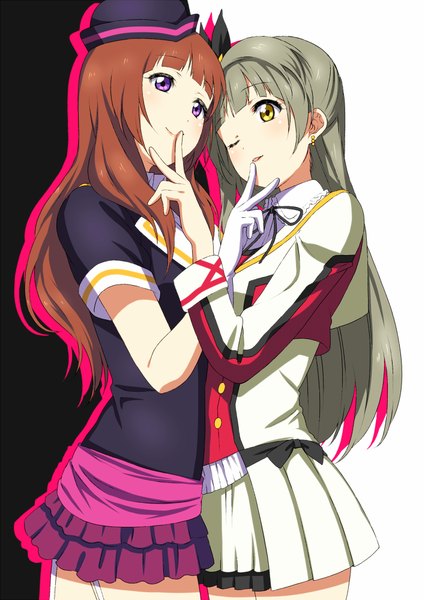 Anime picture 708x1000 with love live! school idol project sunrise (studio) love live! minami kotori yuuki anju inuzuka bouru long hair tall image blush fringe smile brown hair purple eyes multiple girls yellow eyes parted lips one eye closed grey hair wink finger to mouth