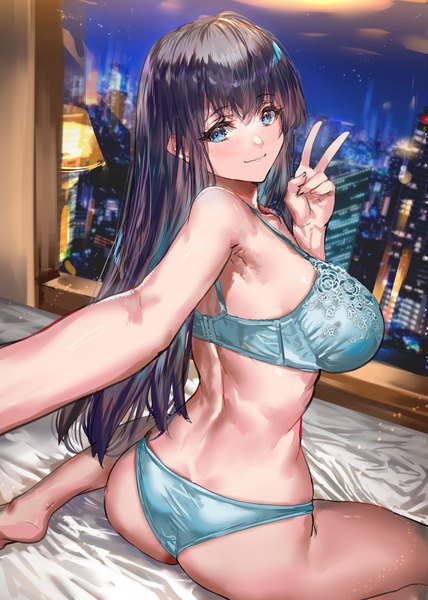 Anime picture 998x1400 with original ranou single long hair tall image blush fringe breasts blue eyes light erotic black hair smile large breasts sitting ass indoors looking back from behind night night sky