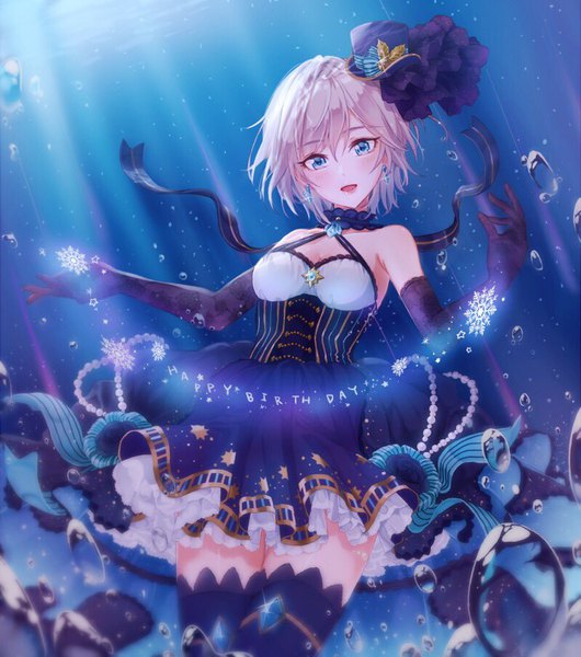 Anime picture 800x905 with idolmaster idolmaster cinderella girls idolmaster cinderella girls starlight stage anastasia (idolmaster) magako single tall image looking at viewer blush fringe short hair open mouth blue eyes hair between eyes bare shoulders silver hair :d sunlight sparkle from below