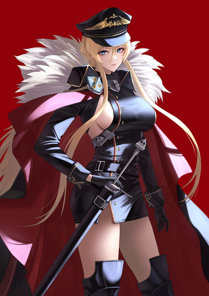 Anime picture 1412x2000 with azur lane bismarck (azur lane) lyche (cramcell) single long hair tall image looking at viewer fringe breasts blue eyes light erotic simple background blonde hair hair between eyes large breasts standing fur trim thighs sideboob red background