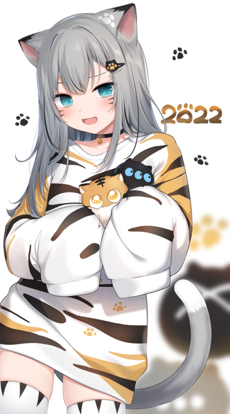 Anime picture 800x1436 with virtual youtuber indie virtual youtuber nacho (amashiro natsuki) nachi single long hair tall image looking at viewer blush fringe open mouth blue eyes simple background smile standing white background holding animal ears tail long sleeves