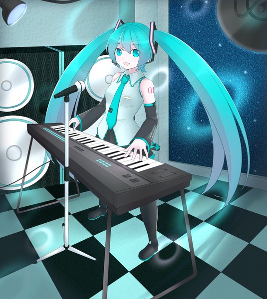 Anime picture 1250x1400 with vocaloid hatsune miku butatikin (artist) single long hair tall image looking at viewer open mouth twintails bare shoulders aqua eyes aqua hair tattoo girl detached sleeves necktie microphone microphone stand speakers synthesizer
