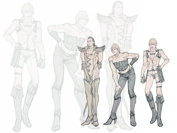 Anime picture 1280x960 with devil may cry dante (devil may cry) nero (devil may cry) credo offrecord (rae) short hair black hair blonde hair standing white background bare shoulders grey hair multiple boys midriff high heels alternate costume sleeveless hand on hip monochrome muscle