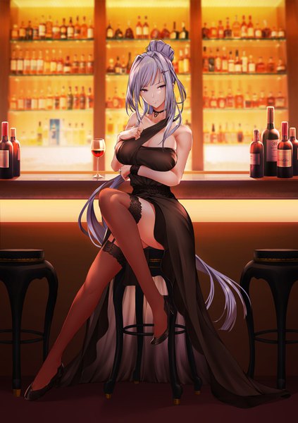 Anime picture 1000x1417 with original kengzeta single tall image breasts light erotic large breasts sitting bare shoulders payot looking away cleavage silver hair bent knee (knees) ponytail indoors very long hair pink eyes high heels sleeveless