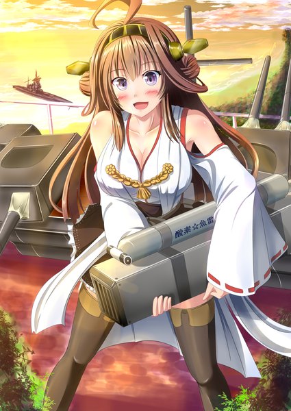 Anime picture 992x1402 with kantai collection kongou battleship ichikawa feesu single long hair tall image blush brown hair purple eyes bare shoulders ahoge traditional clothes nontraditional miko girl thighhighs hair ornament weapon black thighhighs detached sleeves watercraft