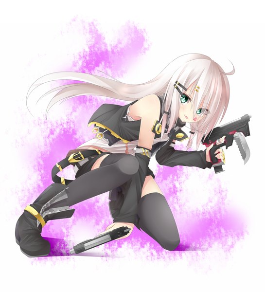 Anime picture 1500x1650 with original chabaneko single long hair tall image looking at viewer blush blue eyes white hair :p girl thighhighs weapon black thighhighs detached sleeves boots tongue gun