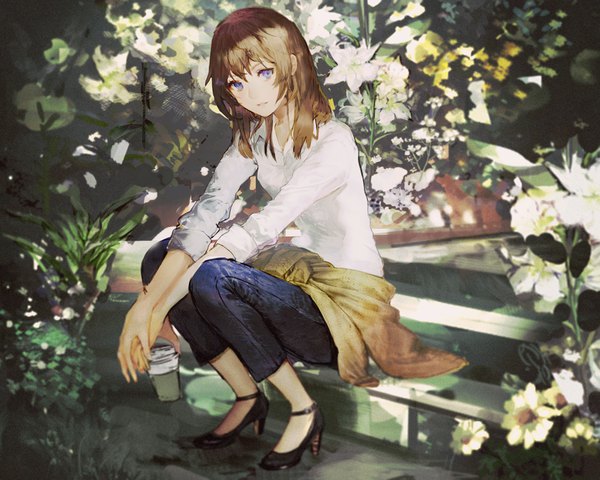 Anime picture 990x793 with original chibi (shimon) single long hair looking at viewer fringe hair between eyes brown hair sitting purple eyes full body outdoors high heels clothes around waist girl flower (flowers) shirt white shirt stairs glass