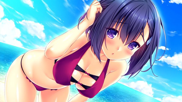 Anime picture 1280x720 with tropical liquor erika (tropical liquor) sayori single looking at viewer blush fringe short hair breasts open mouth light erotic hair between eyes wide image large breasts standing purple eyes bare shoulders game cg sky cleavage