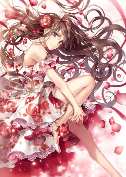 Anime picture 712x1000 with original hagiwara rin single tall image brown hair brown eyes very long hair hair flower girl dress flower (flowers) petals rose (roses)