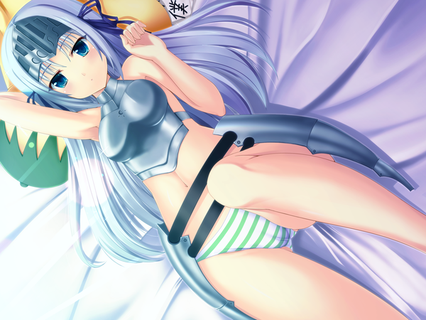 Anime picture 1600x1200 with kore wa zombie desu ka? studio deen eucliwood hellscythe single long hair blue eyes light erotic silver hair lying girl navel underwear panties ribbon (ribbons) apron striped panties helmet