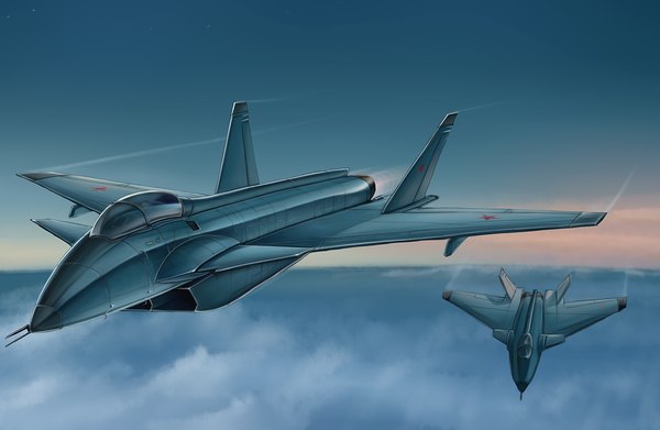 Anime picture 1150x750 with original kcme sky cloud (clouds) horizon flying weapon airplane jet mig-1,44
