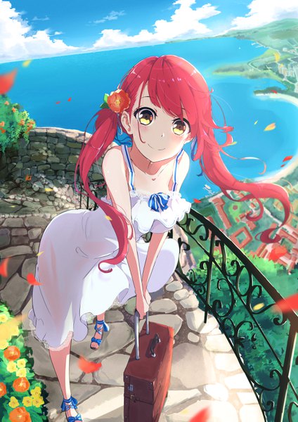 Anime picture 2000x2829 with original moe2020 pre sktch single long hair tall image looking at viewer blush fringe highres smile standing twintails bare shoulders holding yellow eyes sky cloud (clouds) outdoors red hair