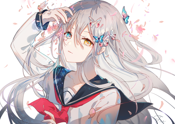 Anime-Bild 1200x848 mit original fre single long hair looking at viewer fringe blue eyes simple background hair between eyes white background signed yellow eyes upper body long sleeves parted lips arm up hair flower wind grey hair shadow