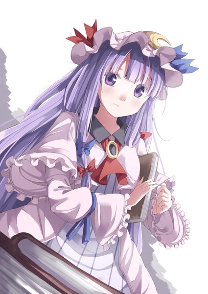 Anime picture 1200x1694 with touhou patchouli knowledge gurasion (gurasion) single long hair tall image purple eyes purple hair girl dress bow hair bow book (books) bonnet