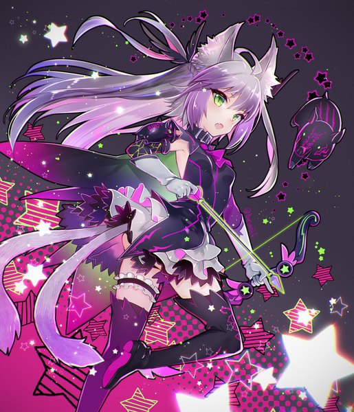 Anime picture 880x1024 with fate (series) fate/grand order atalanta (fate) atalanta (alter) (fate) miyuki ruria single long hair tall image looking at viewer blush fringe open mouth light erotic hair between eyes standing holding green eyes signed animal ears payot