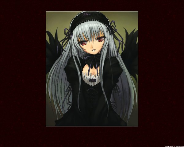 Anime picture 1280x1024 with rozen maiden suigintou single looking at viewer open mouth red eyes silver hair black wings gothic girl wings headdress