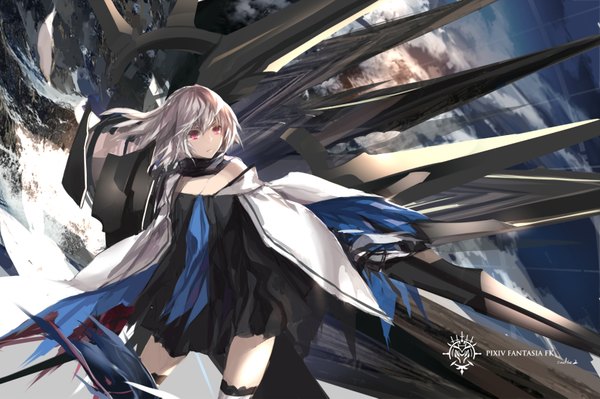Anime picture 1700x1133 with original pixiv fantasia pixiv fantasia fallen kings paradise (character) swd3e2 single looking at viewer short hair red eyes sky cloud (clouds) white hair girl dress weapon scarf