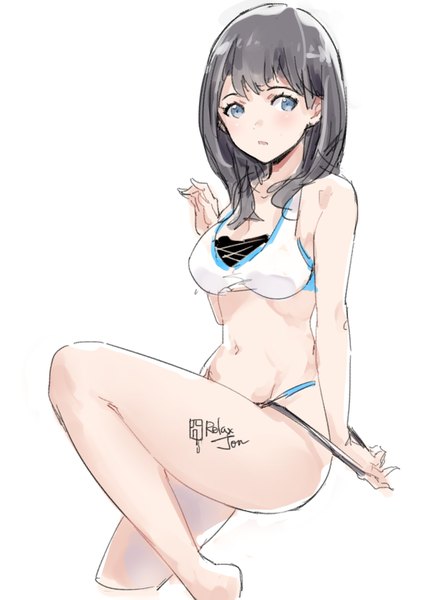 Anime picture 1200x1680 with gridman universe ssss.gridman studio trigger takarada rikka relaxjon single long hair tall image looking at viewer blush fringe breasts blue eyes light erotic simple background white background signed full body grey hair monochrome