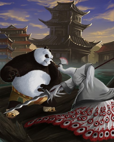 Anime picture 2000x2500 with kung fu panda po lord shen karuma9 (artist) tall image highres blue eyes sky cloud (clouds) japanese clothes face to face eye contact angry weapon animal shorts kimono bird (birds) japanese house panda
