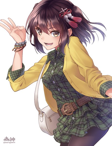 Anime picture 767x1000 with kantai collection sendai light cruiser morigami (morigami no yashiro) single tall image looking at viewer fringe short hair open mouth simple background smile hair between eyes brown hair white background brown eyes signed long sleeves nail polish fingernails open jacket