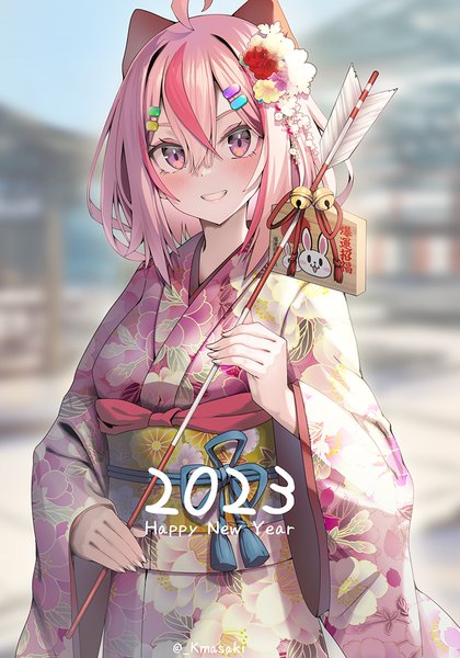 Anime picture 736x1052 with original kubota masaki single tall image looking at viewer blush fringe short hair smile hair between eyes holding pink hair ahoge outdoors traditional clothes japanese clothes pink eyes multicolored hair blurry streaked hair