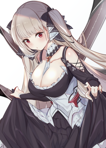 Anime picture 2000x2800 with azur lane formidable (azur lane) mujinbi single long hair tall image looking at viewer blush fringe highres breasts light erotic simple background red eyes large breasts standing white background twintails cleavage blunt bangs