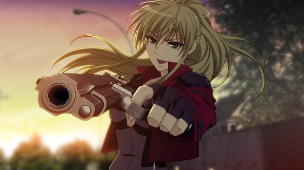 Anime picture 1280x720 with phantom of inferno nitroplus cal devens tagme (artist) single long hair looking at viewer fringe breasts open mouth blonde hair smile hair between eyes wide image holding sky upper body outdoors ponytail wind