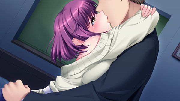 Anime picture 1024x576 with papa love (game) blush short hair wide image yellow eyes game cg purple hair kiss girl sweater