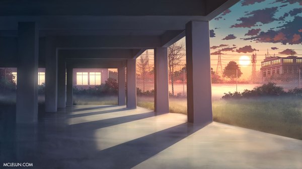 Anime picture 1280x720 with original mclelun wide image signed sky cloud (clouds) shadow evening sunset horizon no people landscape scenic plant (plants) building (buildings) grass power lines