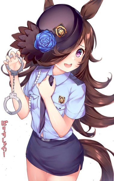 Anime picture 648x1024 with umamusume rice shower (umamusume) pizza (pizzania company) single long hair tall image fringe open mouth simple background purple eyes animal ears tail :d animal tail from above hair over one eye inscription turning head horse ears horse tail