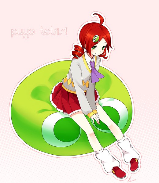 Anime picture 900x1038 with puyopuyo puyo (puyopuyo) andou ringo kei-chan (atlas kei) single tall image looking at viewer blush short hair simple background smile sitting twintails green eyes signed full body ahoge red hair pleated skirt copyright name