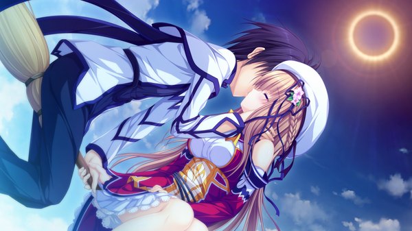 Anime picture 1280x720 with magicalic sky high kawasumi yurika mikagami mamizu long hair blush short hair black hair blonde hair wide image game cg cloud (clouds) eyes closed couple kiss girl dress boy hair ornament detached sleeves beret