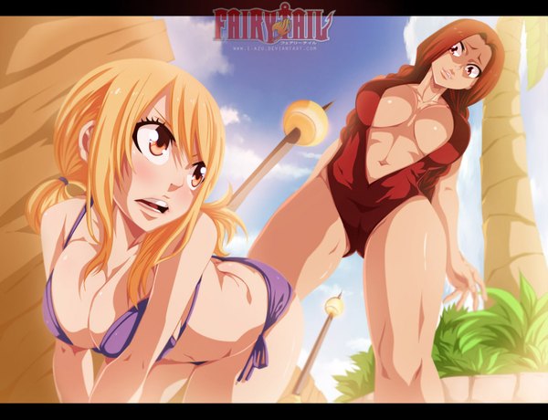 Anime picture 1600x1229 with fairy tail lucy heartfilia flare corona i-azu long hair blush breasts open mouth light erotic blonde hair smile large breasts twintails multiple girls sky cloud (clouds) red hair braid (braids) pink eyes inscription